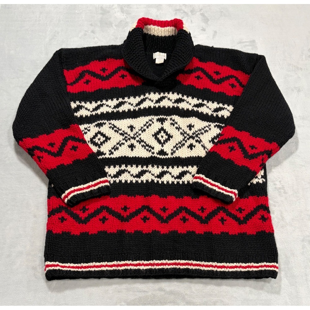 Moda International Wool Sweater Fair Isle Oversized L Chunky Knit Shawl Collar